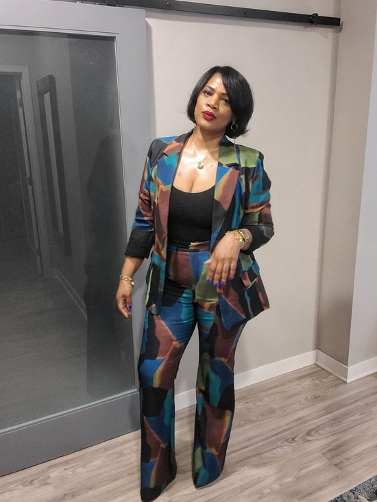 Fashion Nova Pants - Fashion Nova Multicolor Abstract Blazer & Flared Pants Set